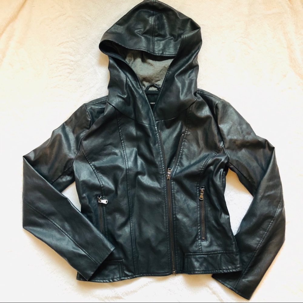 Dark Navy Leather Jacket With Hood